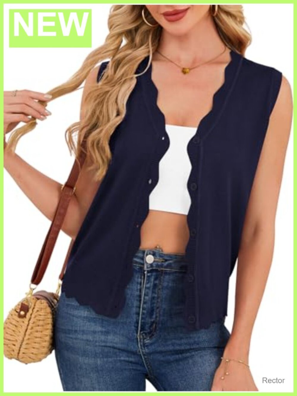 Sleeveless Cardigan Vest V Neck Button Down Scalloped Knit Sweater